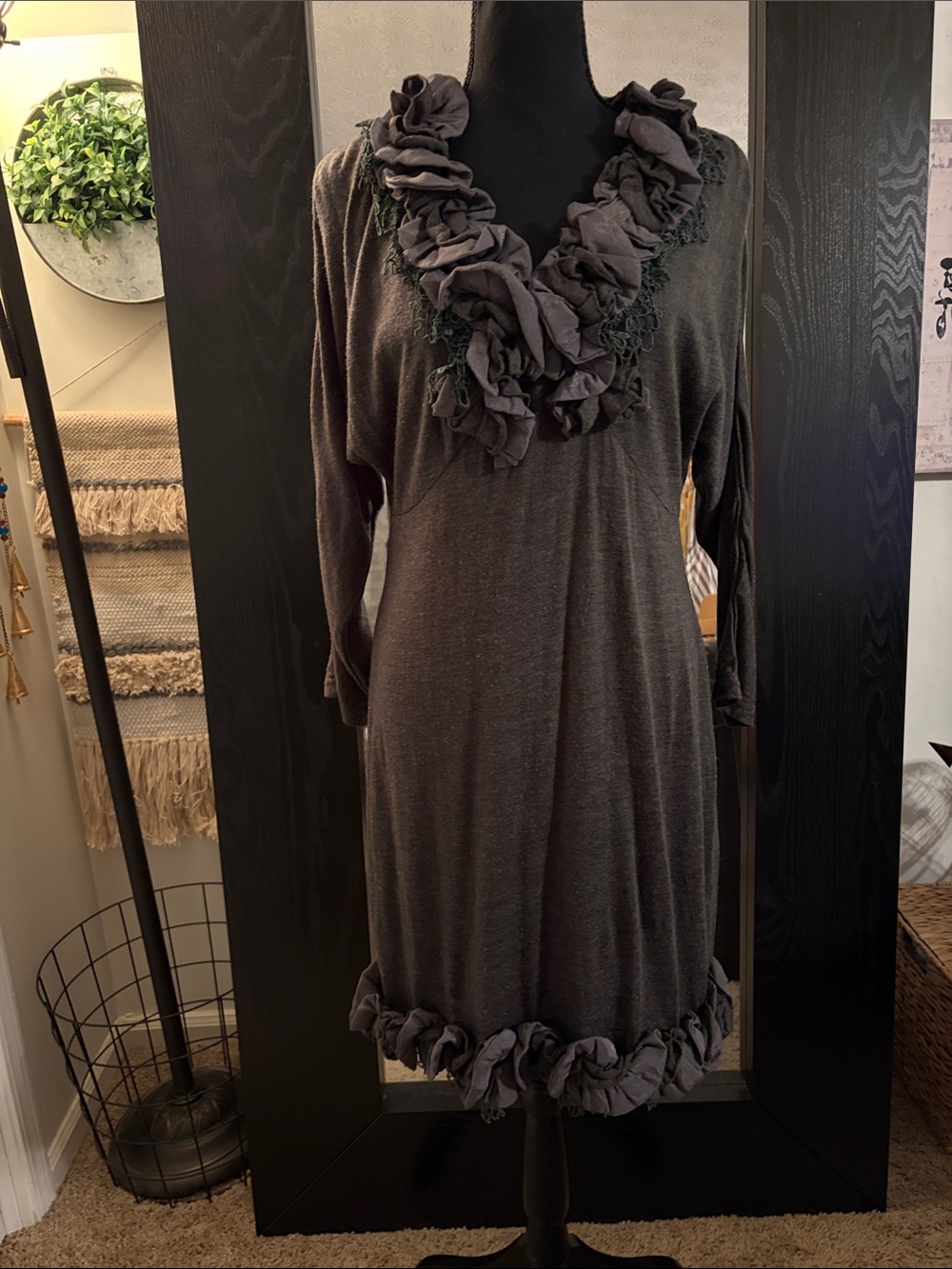 Anthropologie Lulu Via Charcoal Gray Ruffle Trim Midi Dress